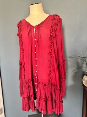 Free People Boho Red Button-Front Ruffled Tunic